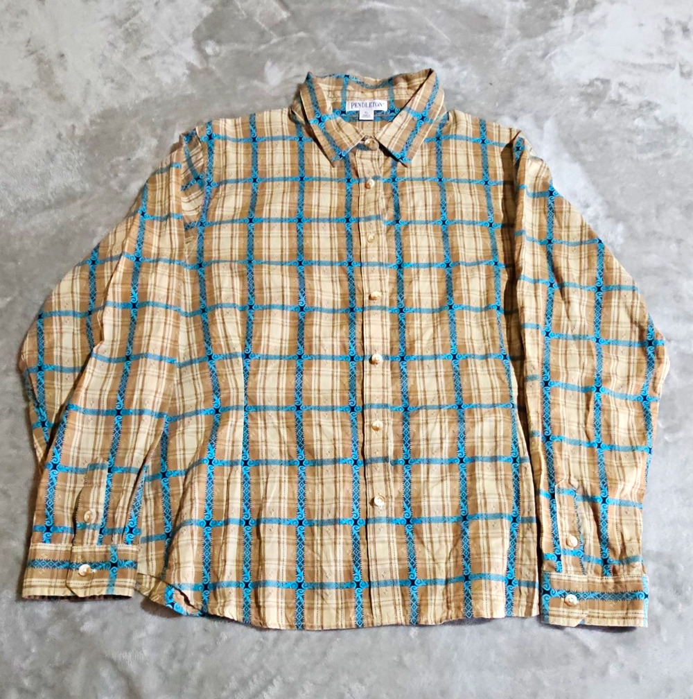 Vintage Pendleton Women's Lux Finely Woven Turquoise Western Stripe Plaid Top XL